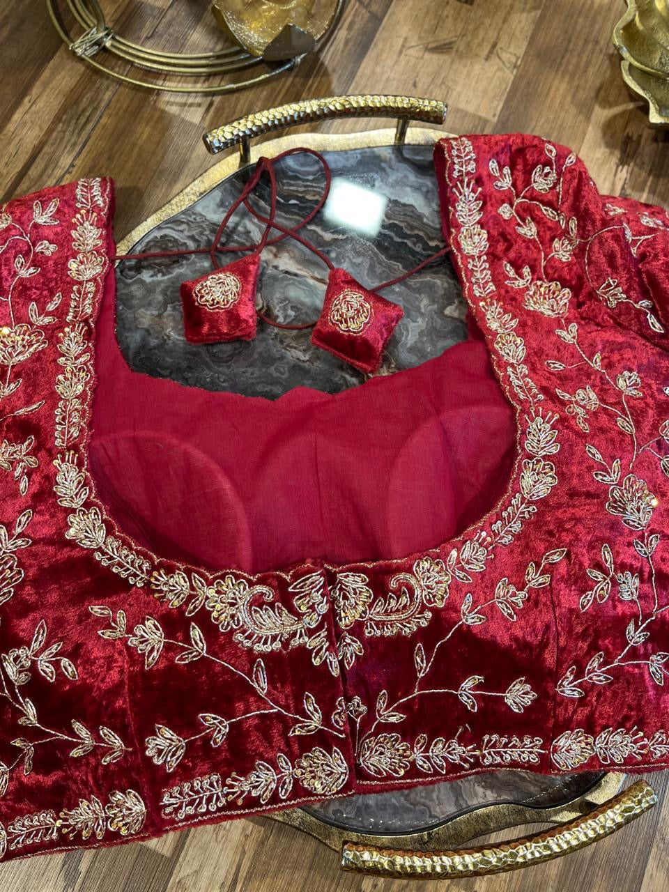Maroon Red  Velvet Handworked Blouse